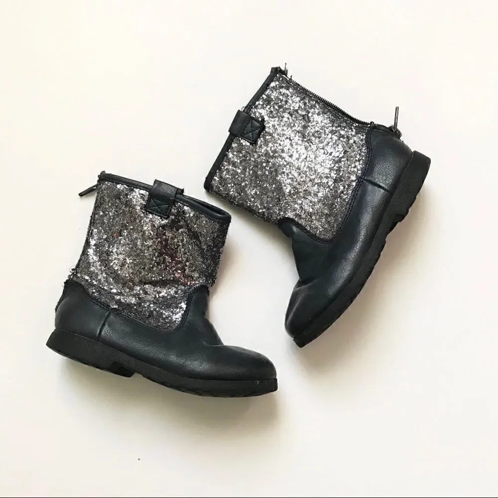 Glitter and blue leather little girl zipper boots